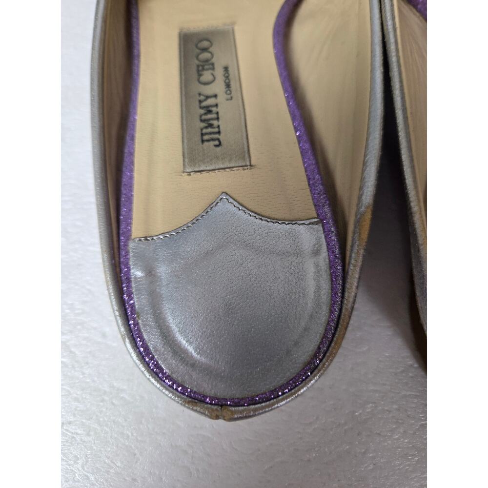 Jimmy Choo Slip On Backless Flats Silver Sparkle Designer 37 1/2 Floral Metalic - Picture 5 of 13